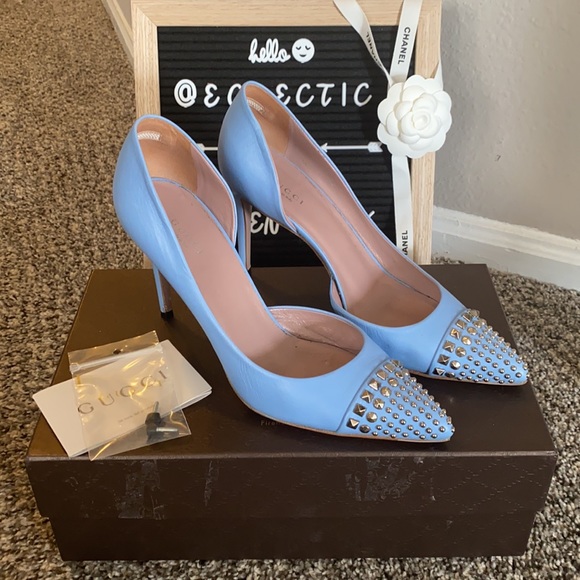 🌐 Gucci Malaga Kid Silver Studded Heels 🌐 - Picture 2 of 9